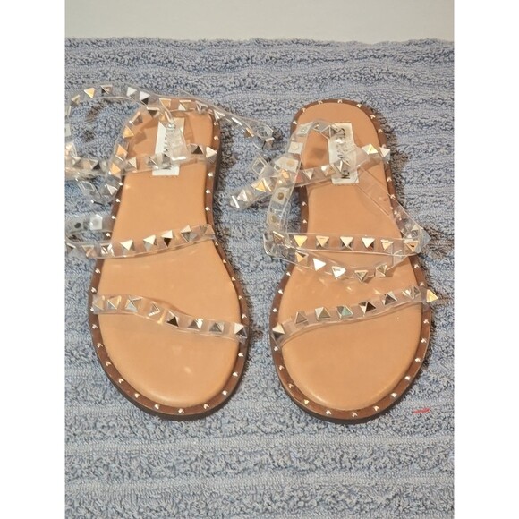 Steve Madden Travel Clear Rhinestone Leather Embellished Flat Sandal Size 6 - Picture 1 of 4
